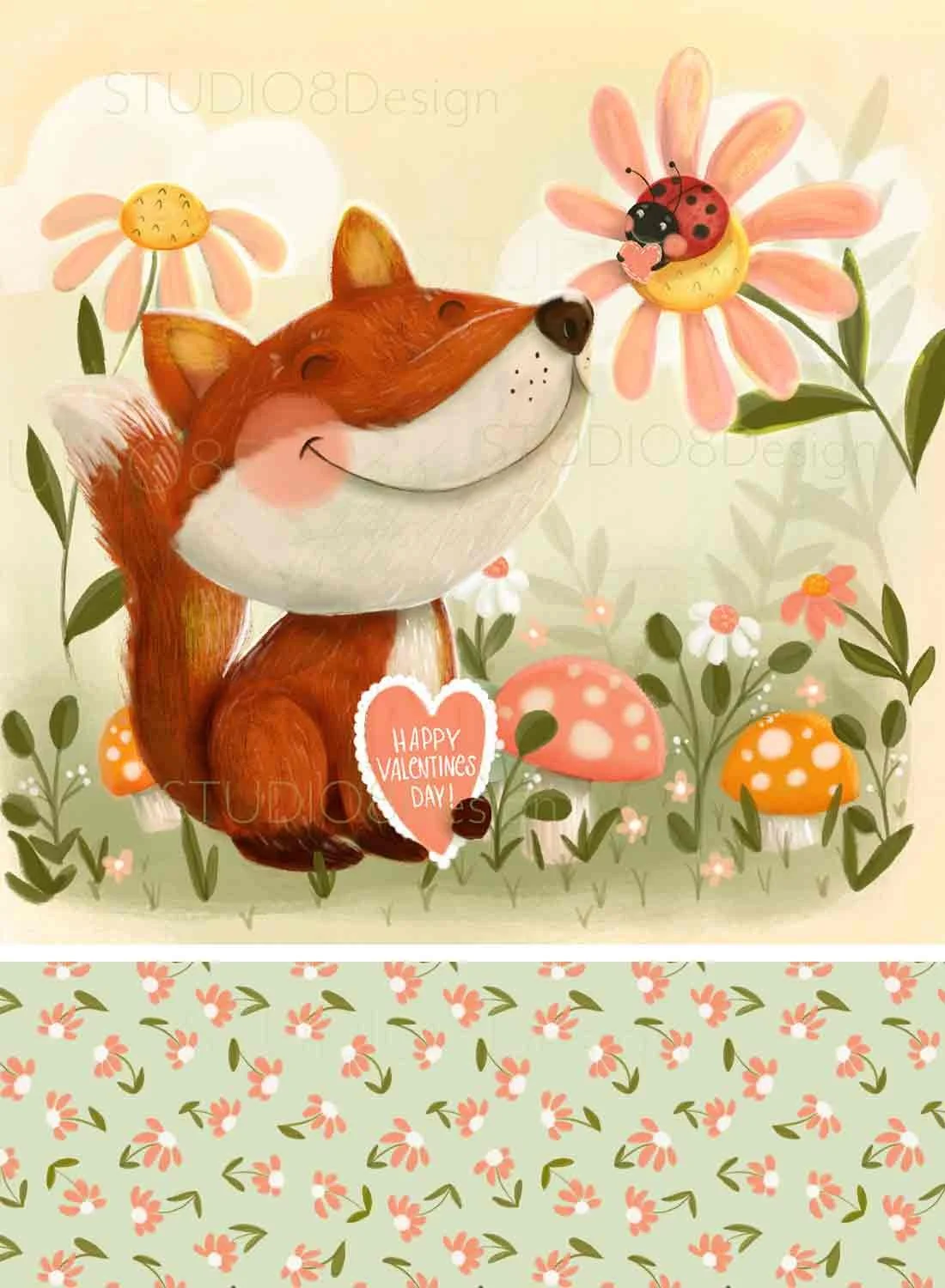 Kid-friendly Illustration of a cute woodland fox holding a valentine smiling at  ladybug on a daisy holding a heart by Stephanie Beischer. Stephanie specializes in animal illustration and character design.