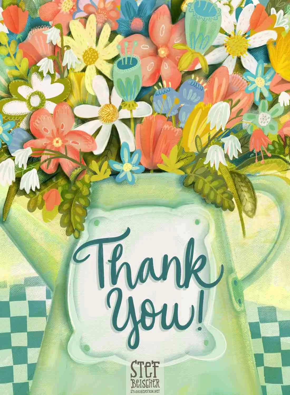 Floral Thank you greeting card featuring fun flowers tucked in a watering can by Stephanie Beischer