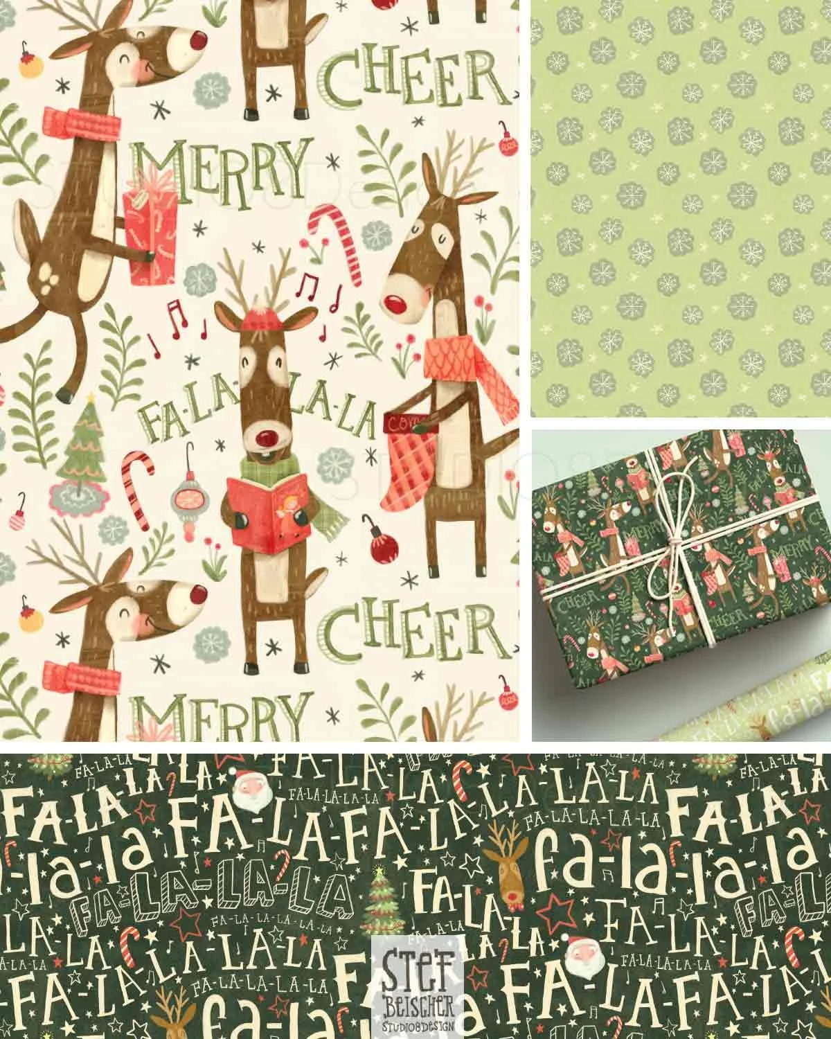 cute illustrated reindeer characters and hand lettered surface design that reads fa-la-la by Stephanie Beischer