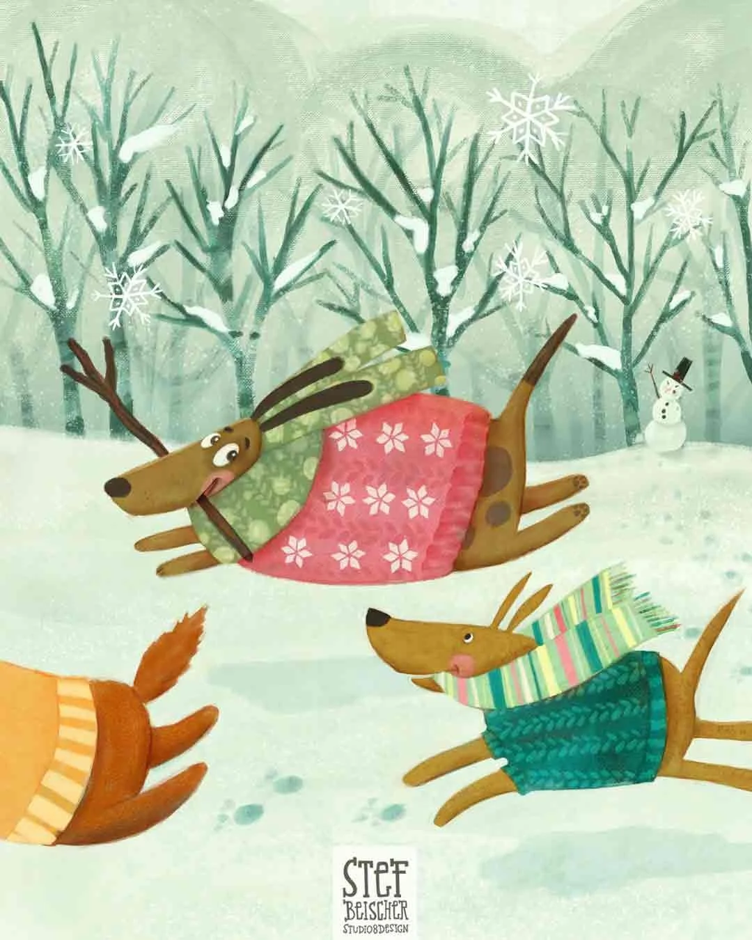 Funny dogs in a winter scene stealing a snowman's arm by Stephanie Beischer