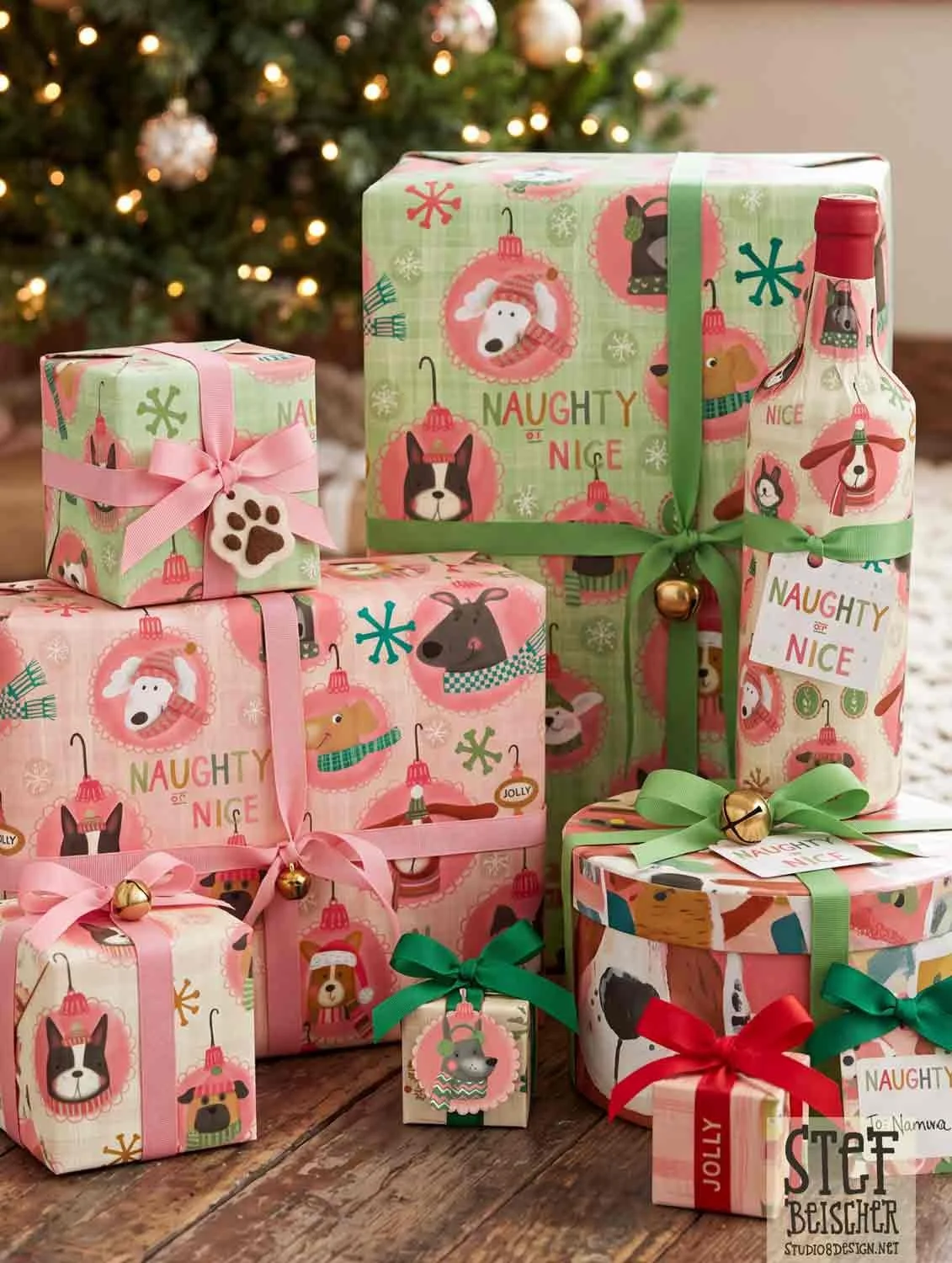 Dog Christmas gift wrap featuring boston terriers, black labs, hound dogs and labradoodles by Stephanie Beischer