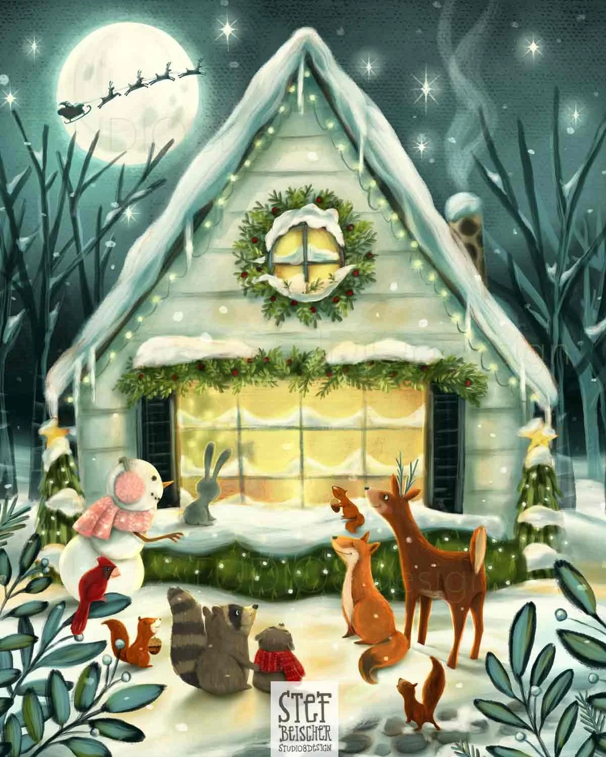 Winter illustration featuring woodland animals peeking inside a glowing house. Santa flying past the moon. By Stephanie Beischer