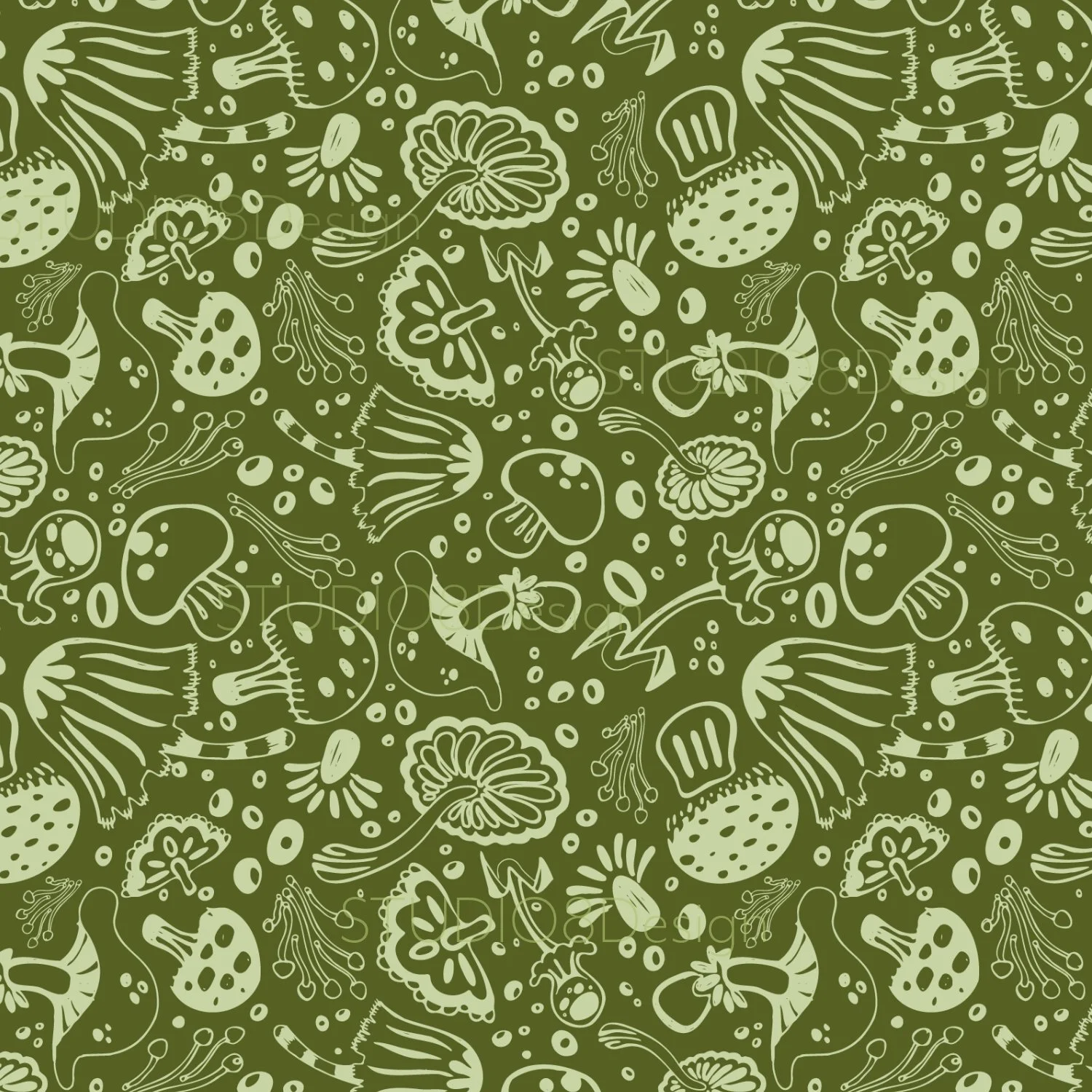 Fun surface pattern design and illustration by Stephanie Beischer featuring funky tossed mushrooms in trending green.