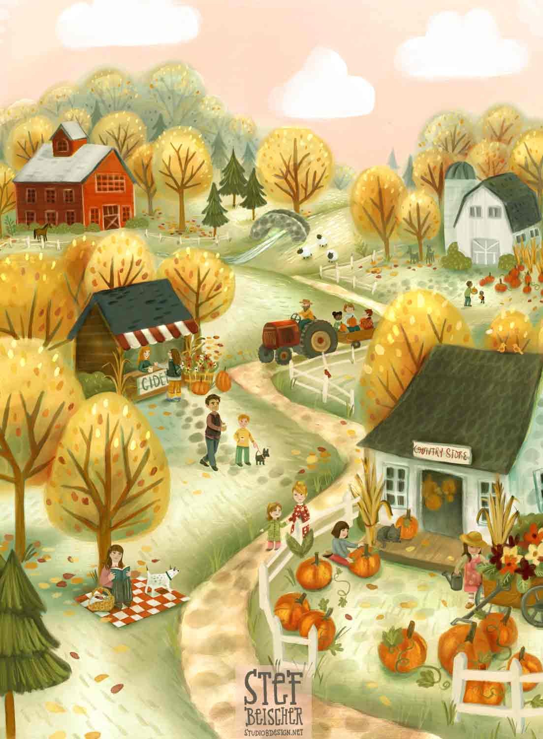 A colorful farm scene with autumn trees, a red barn, white silo, cow, people picking pumpkins, a vendor stand, and a path winding through the landscape.