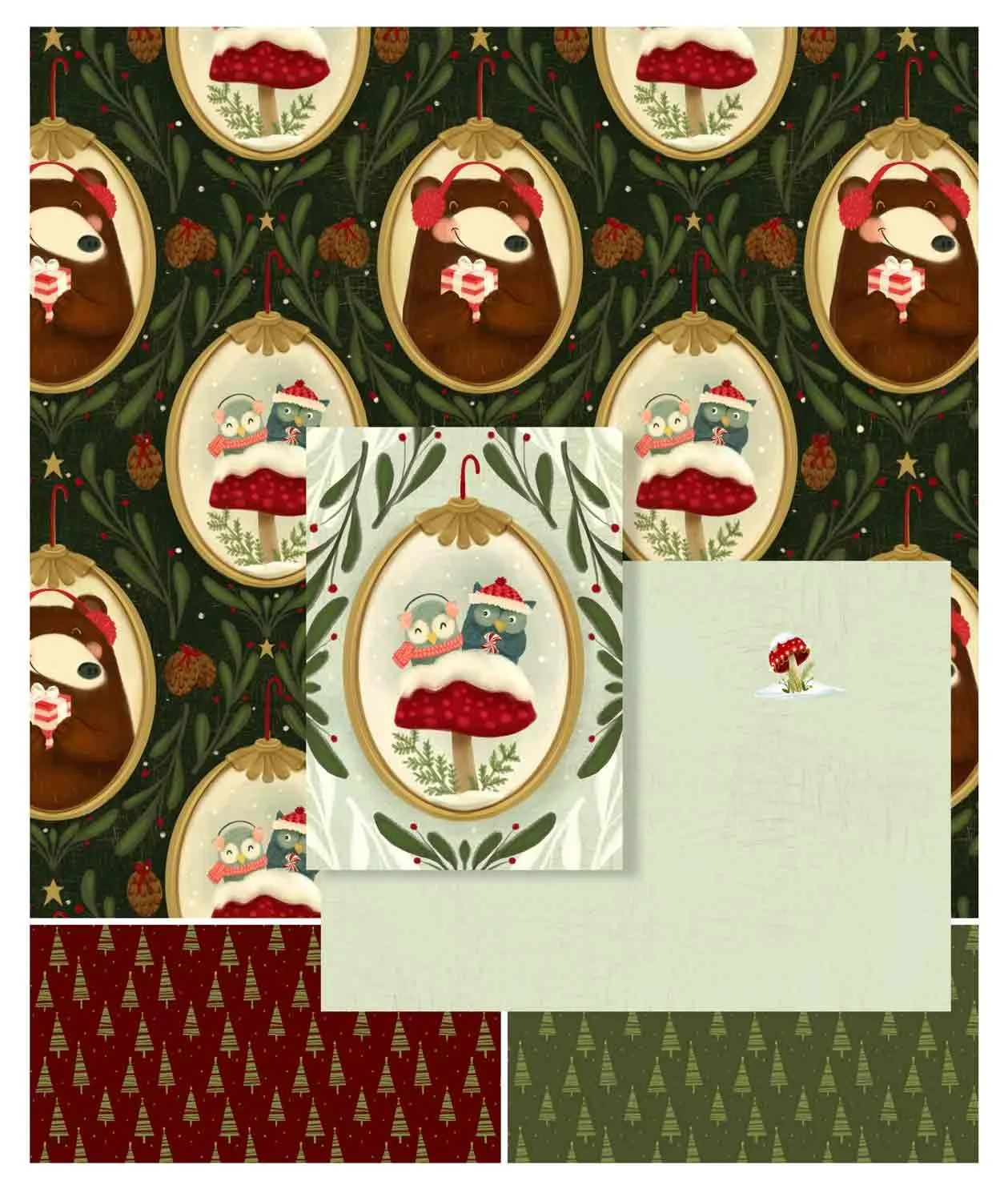 Surface pattern collection -  Woodland Christmas theme featuring owls and bears. Perfect for greeting cards, gift wrap and seasonal home decor by Stephanie Beischer