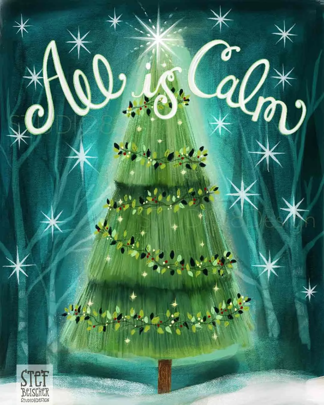Illustration of  moody winter scene with festive glowing christmas trees by Stephanie Beischer