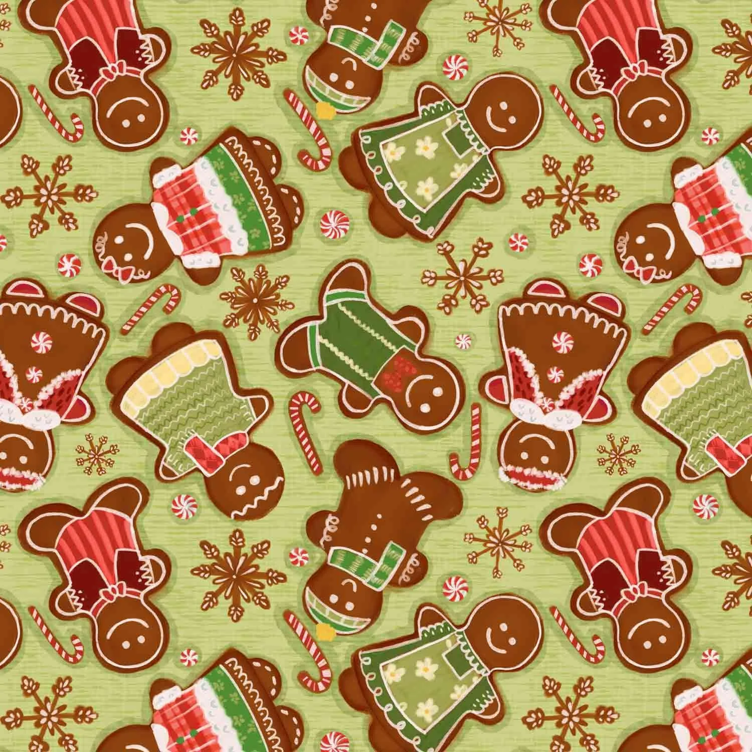 Surface pattern illustration of gingerbread men and women and peppermints by Stephanie Beischer