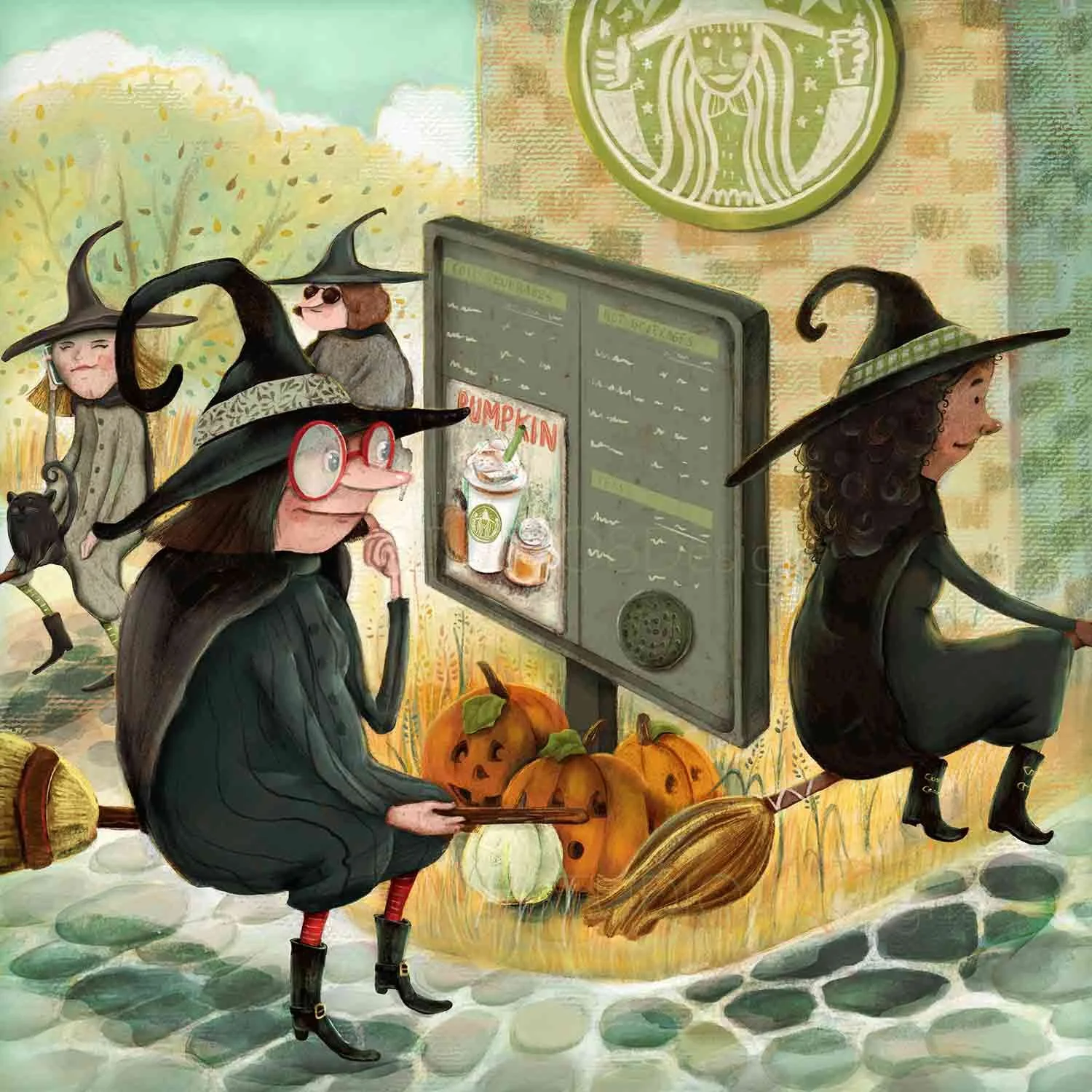 Illustration by Stephanie Beischer of witches in line at a coffee shop drivethru for pumpkin spice lattes.