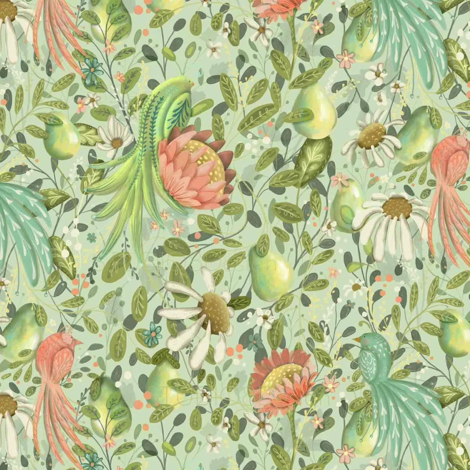 Whimsical surface pattern design and illustration by Stephanie Beischer featuring tropical birds and flowers.