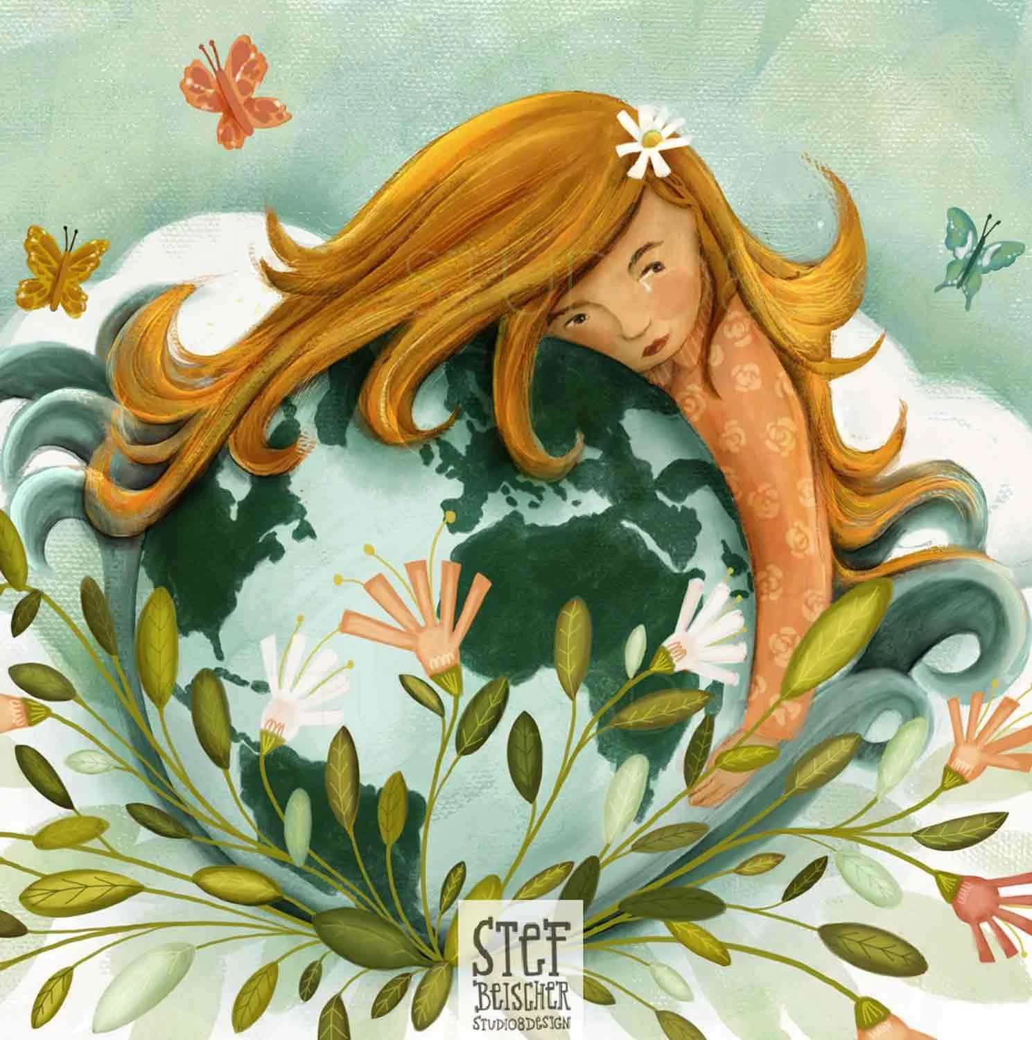 A child hugs planet earth protectively surrounded by flowers environmental children's book illustration by Stephanie Beischer