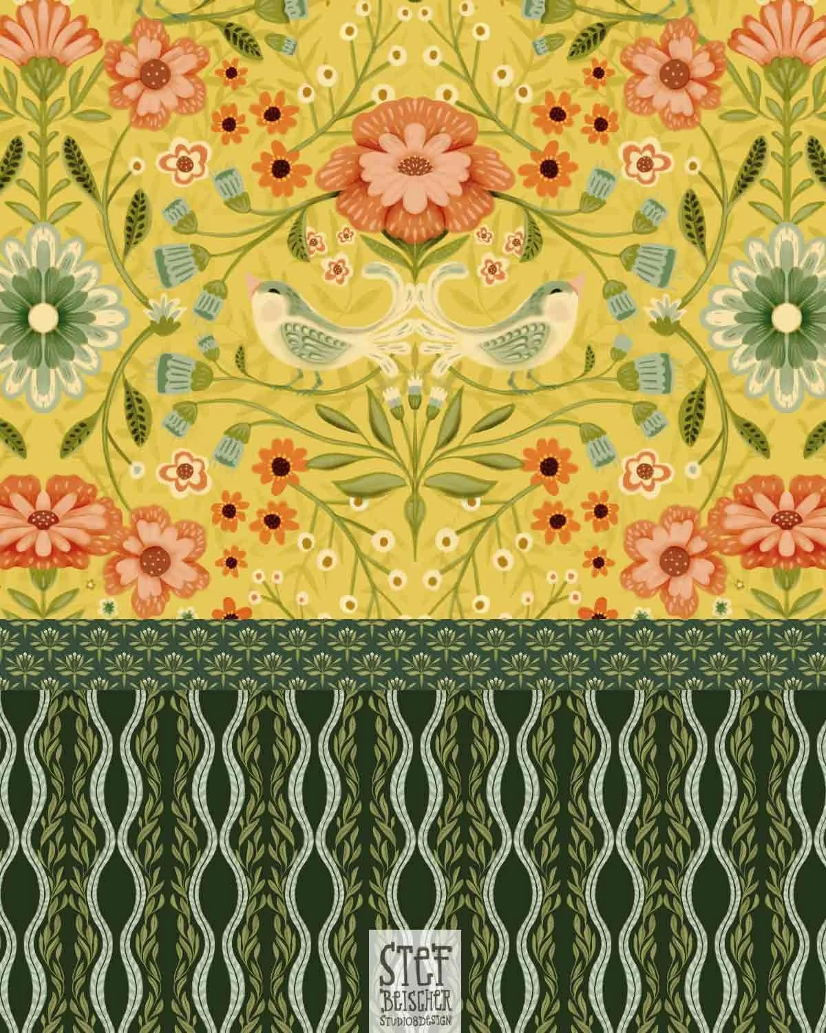 Maximalist floral pattern collection featuring whimsical birds - inspired by William Morris heritage patterns - by surface designer Stephanie Beischer