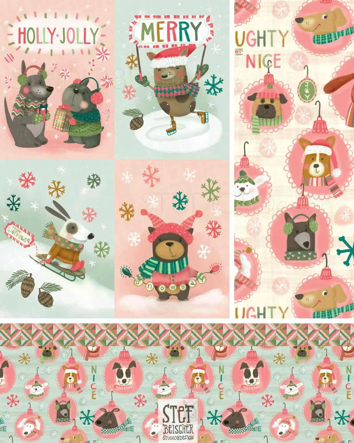 Whimsical dog characters dressed for winter. Each dog holding a hand lettered sign. Stephanie Beischer