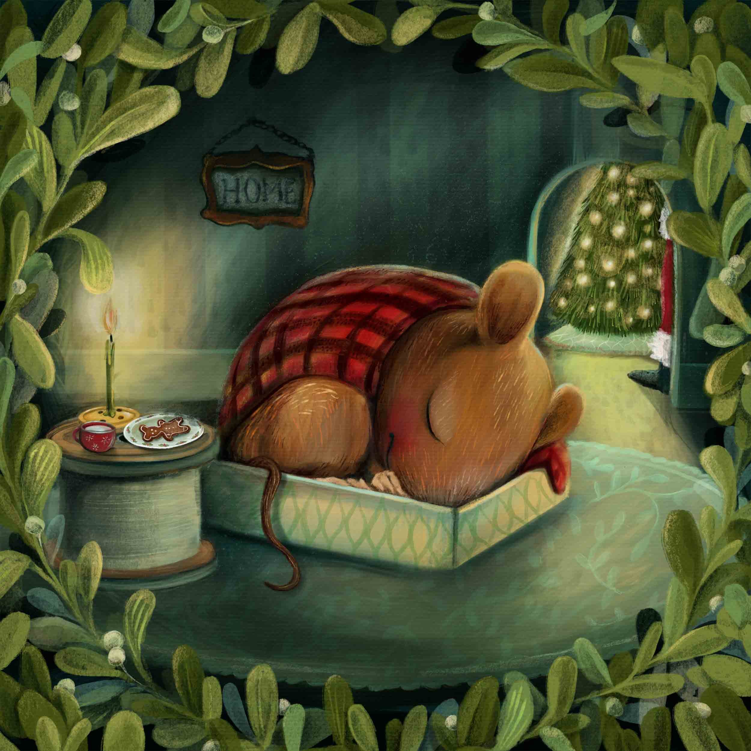 An illustration from the Night Before Christmas.  A field mouse is curled up in his matchbox bed under a plaid blanket. Cookies and milk laid out for Santa next to a candle on a thread spool table by Stephanie Beischer.