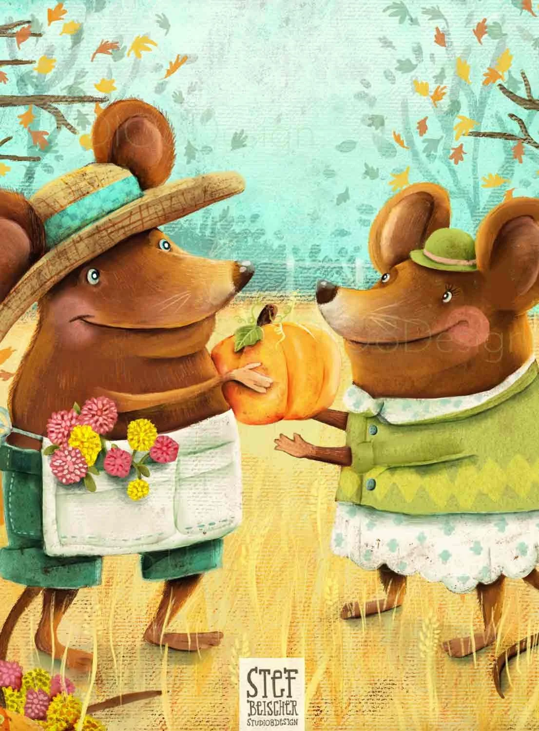 Cute mice stand in a pumpkin patch by Children's book illustrator Stephanie Beischer.