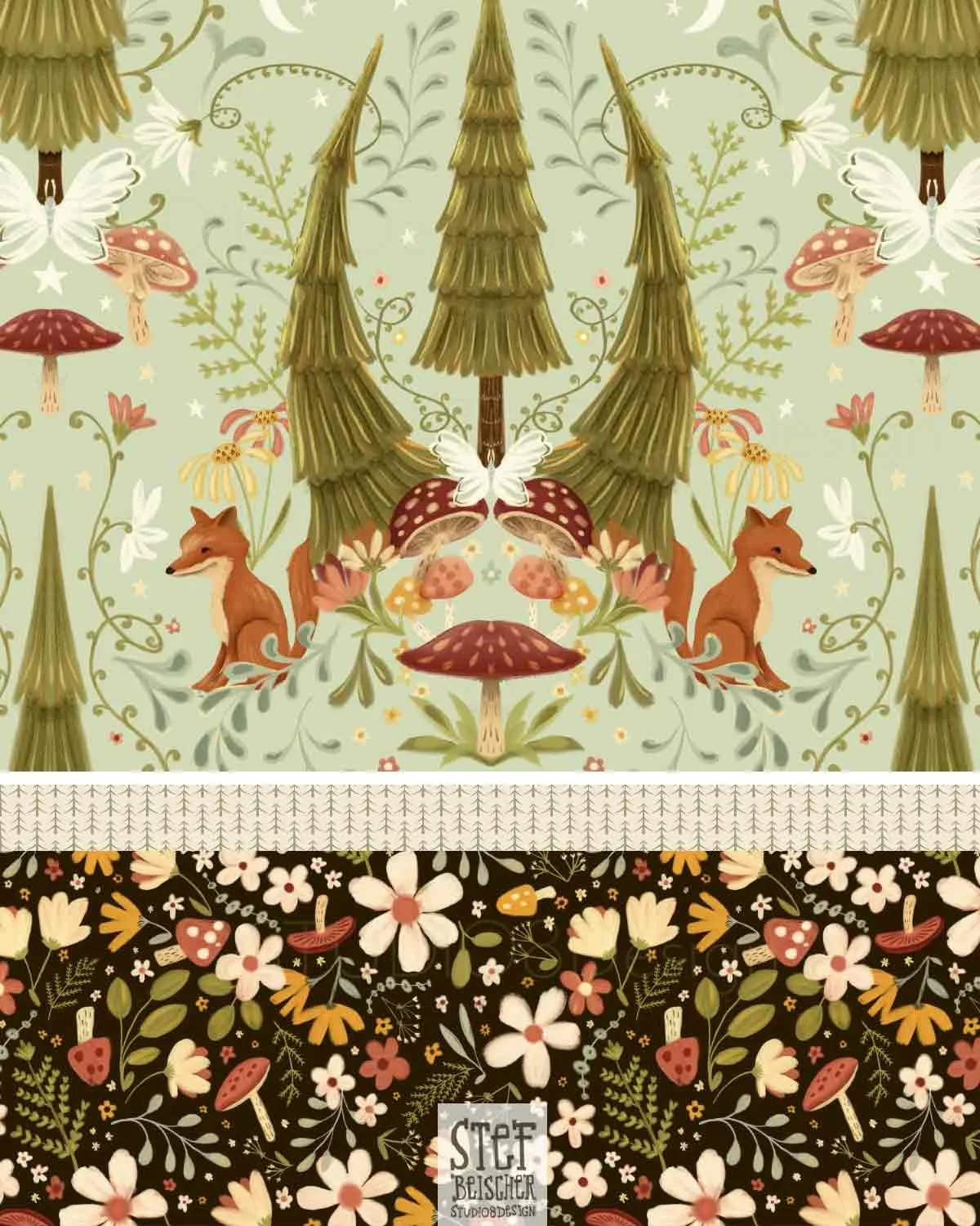 Ornate woodland floral surface pattern collection that features fox, whimsical florals, mushrooms and ferns by Stephanie Beischer.