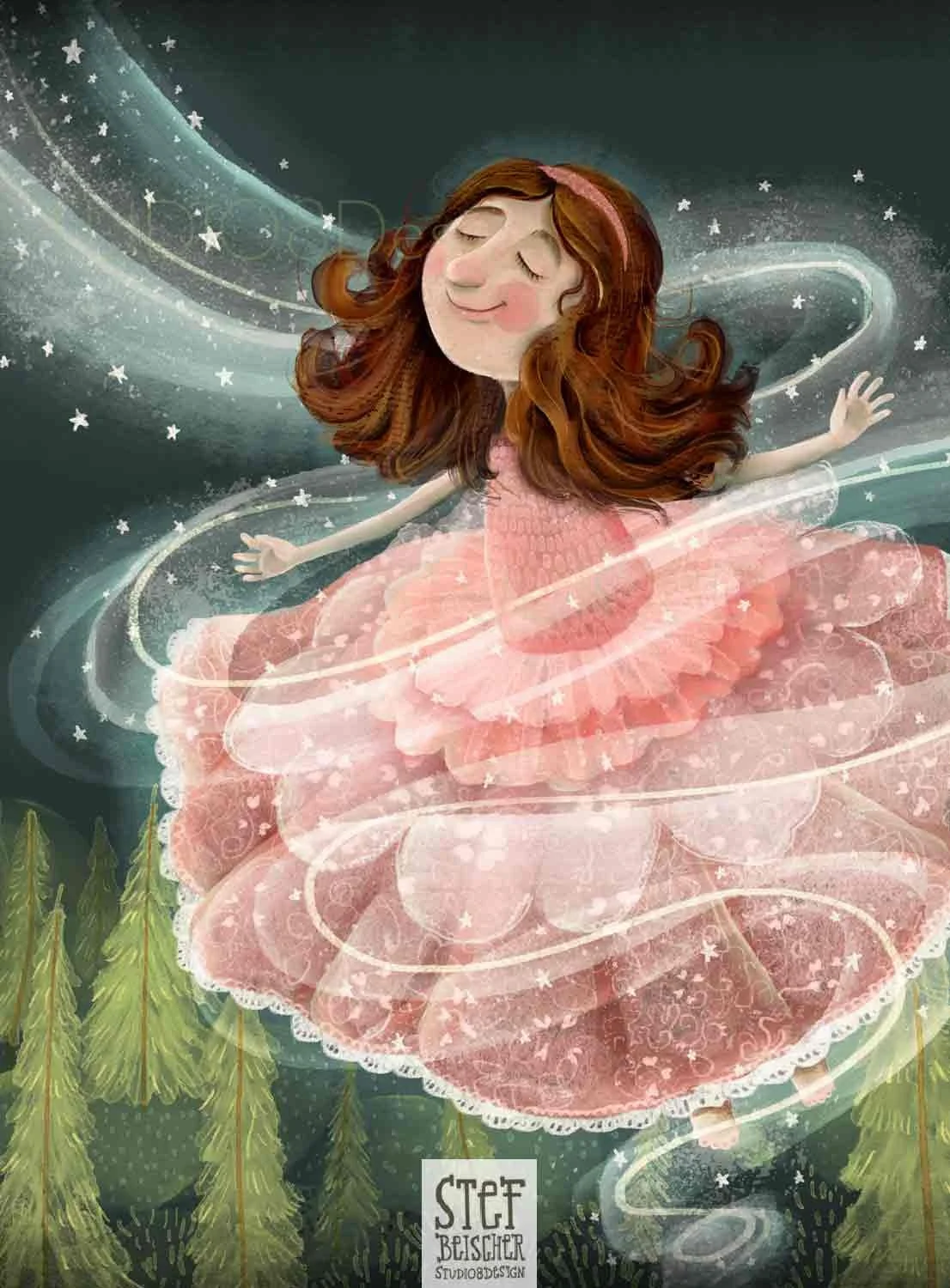 A sweet princess floats across a dark sky on a sea of stars and magic by children's book illustrator Stephanie Beischer.