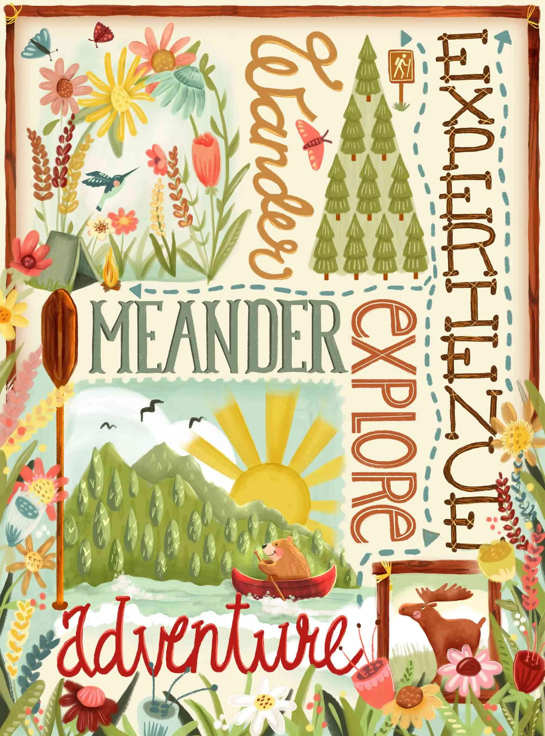 Illustration featuring words like 'Wander,' 'Meander,' 'Explore,' and 'Adventure' surrounded by colorful flowers, trees, animals, and outdoor elements like a tent and mountain. A beaver is canoeing on a river with a sun setting behind mountains.