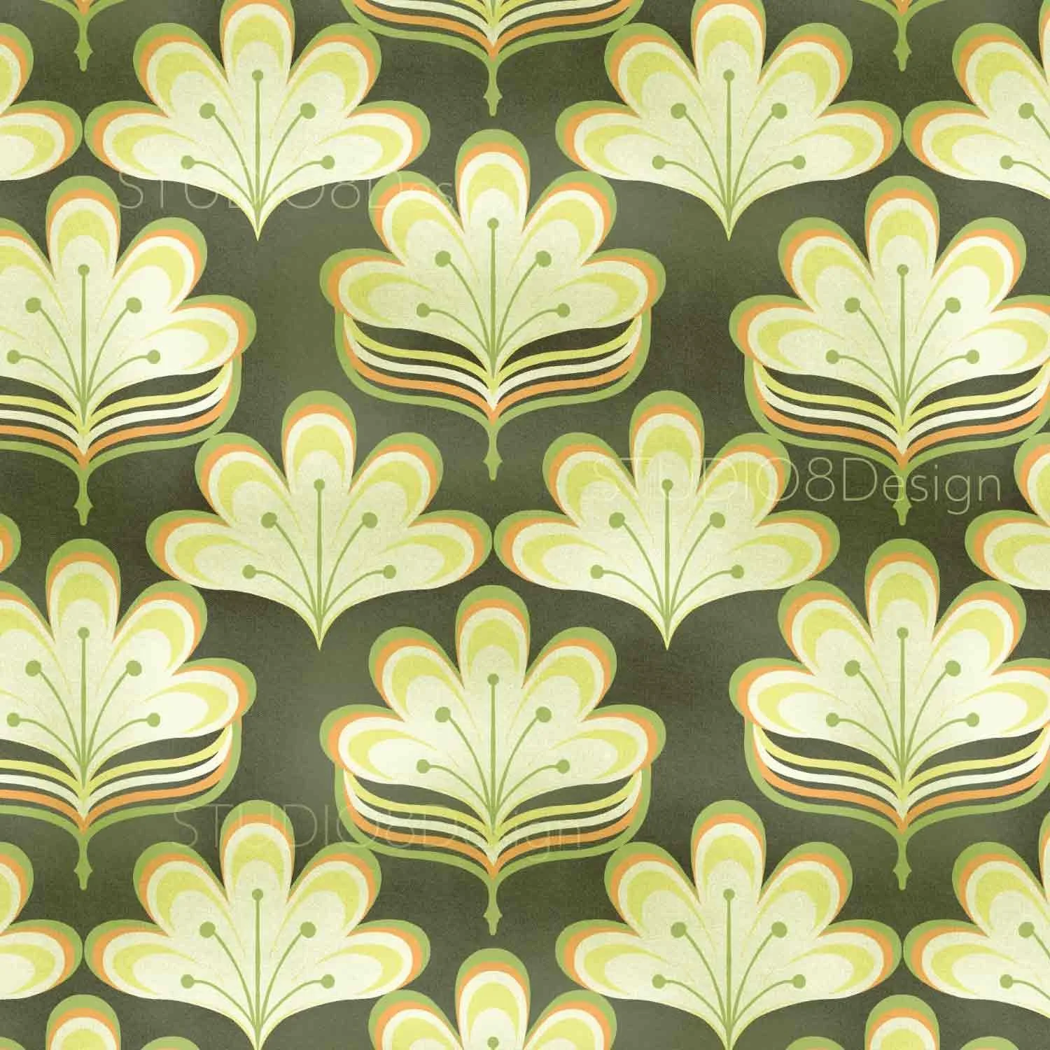 Retro surface pattern design and illustration by Stephanie Beischer featuring flowers in a vintage color palette.