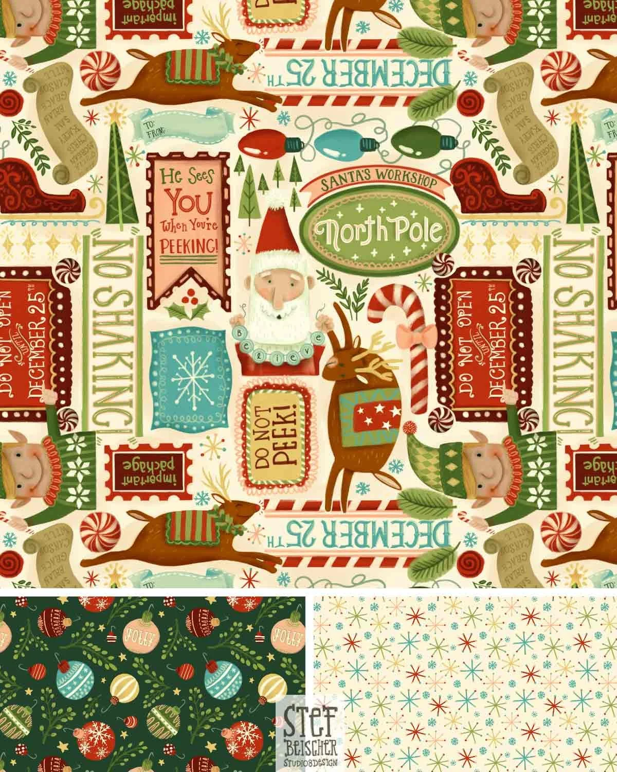 No Peeking hand lettered surface design featuring Santa, elves, Christmas decorations and different Christmas messages and labels, by Stephanie Beischer