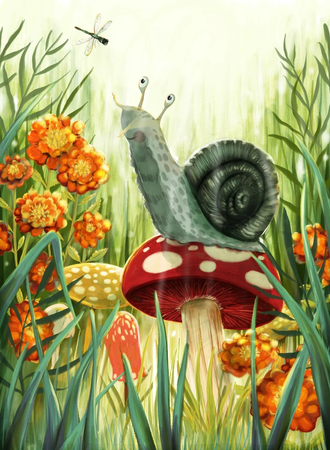 Illustration by Stephanie Beischer featuring a snail and his dragonfly friend enjoying a summer day in the meadow.