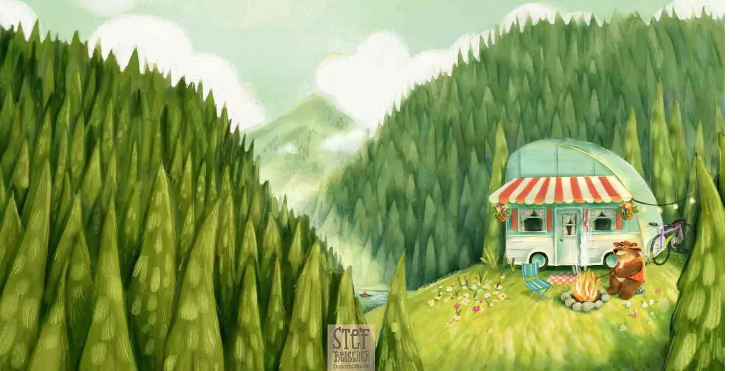 A page spread in a children's book featuring a cute bear that is camping on a hill overlooking pine covered mountains and a stream by Stephanie Beischer