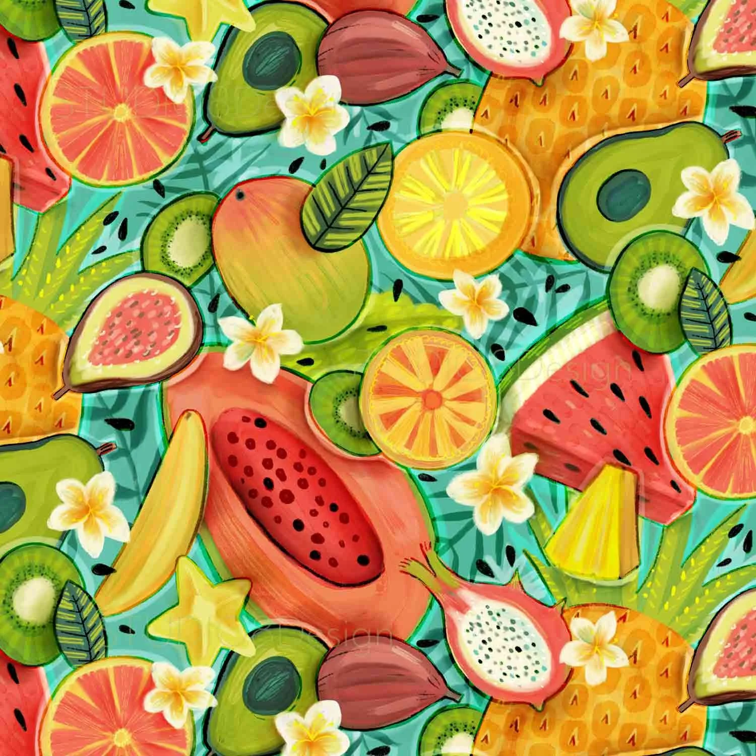 Food surface pattern design by Stephanie Beischer featuring tossed papayas, watermelons, kiwis, avocados and citris fruit.