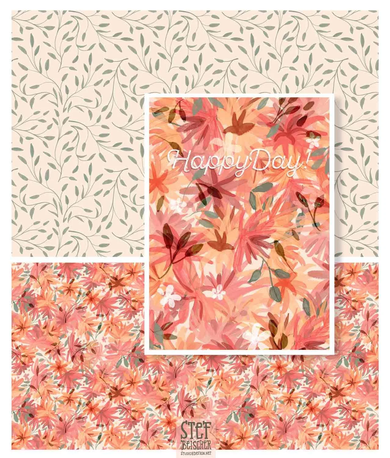 Floral celebration gift wrap, greeting card collection by greeting card artist Stephanie Beischer - Studio 8 Design
