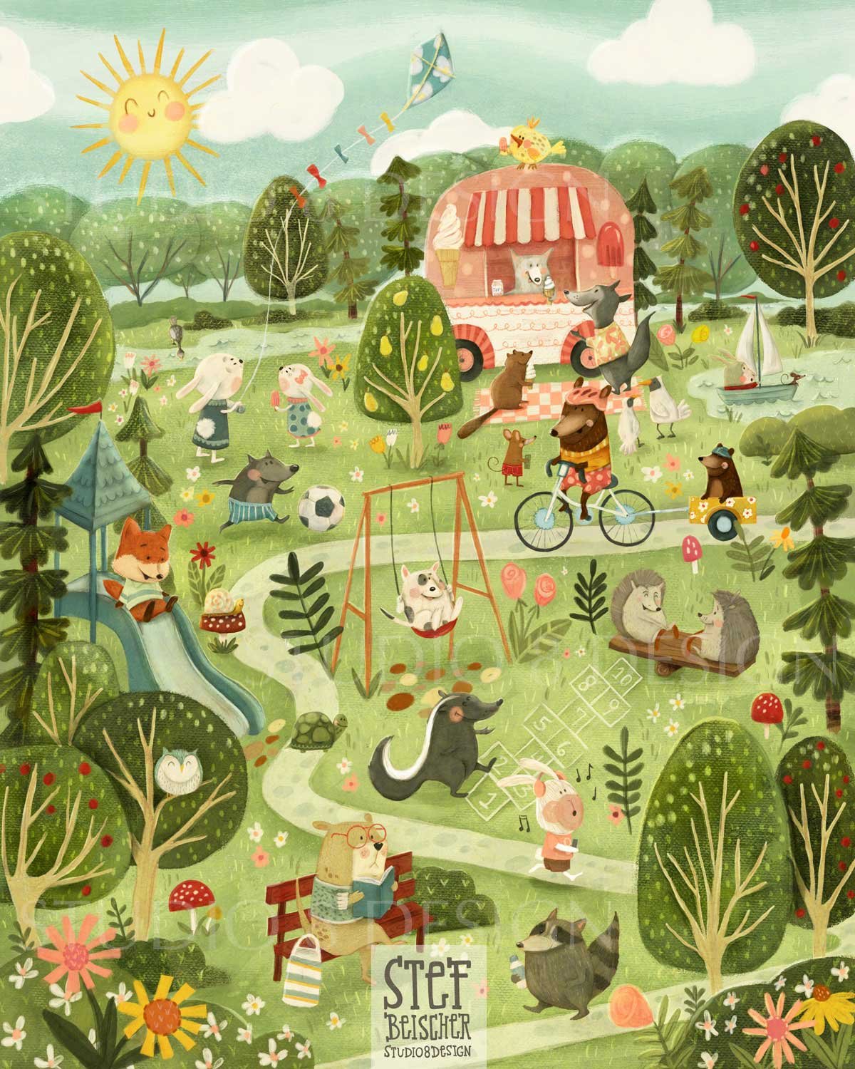 Whimsical illustration of a park with cute animals playing, eating ice cream and enjoying summer.
