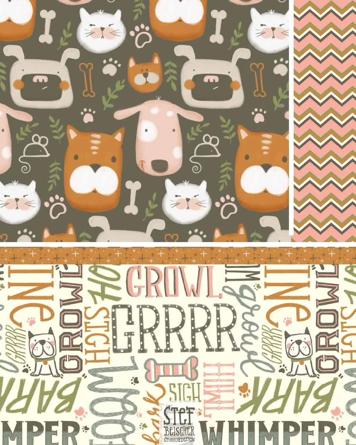 Whimsical pet pattern collection featuring cute dogs and cats and hand lettering. Stephanie Beischer specializes in animal illustration.
