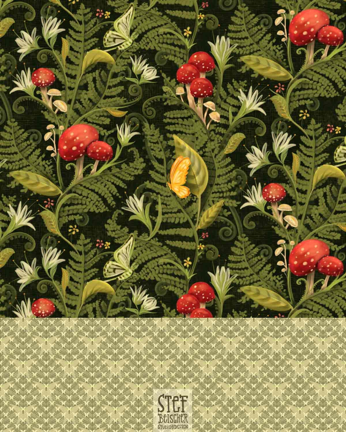 Floral woodland, botanical, butterfly illustrated pattern collection by Stephanie Beischer