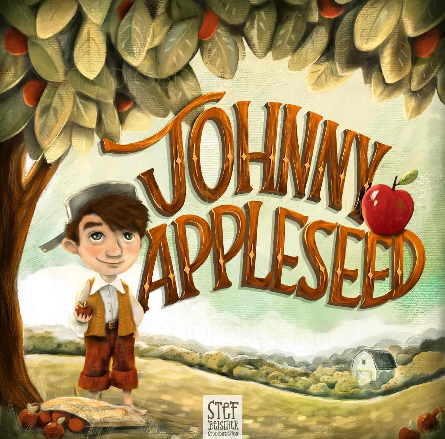 Children's book cover by Stephanie Beischer for Johnny Appleseed