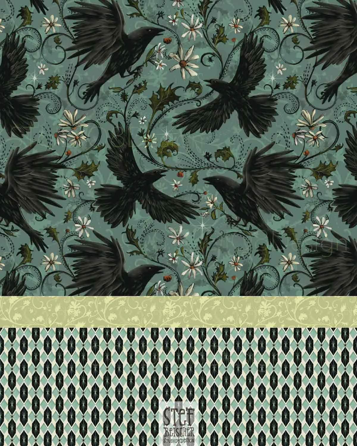 Moody pattern collection featuring gothic design elements, including ravens, swirling fall foliage by Stephanie Beischer