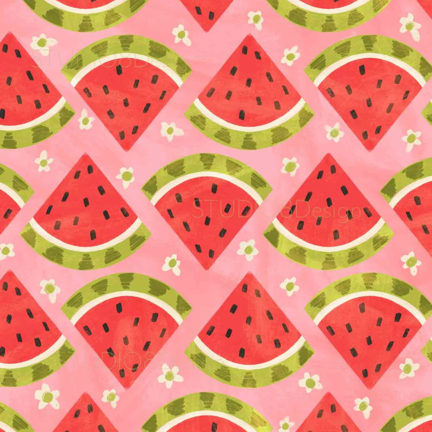 Fun watermelon surface pattern design in bright pink by Stephanie Beischer