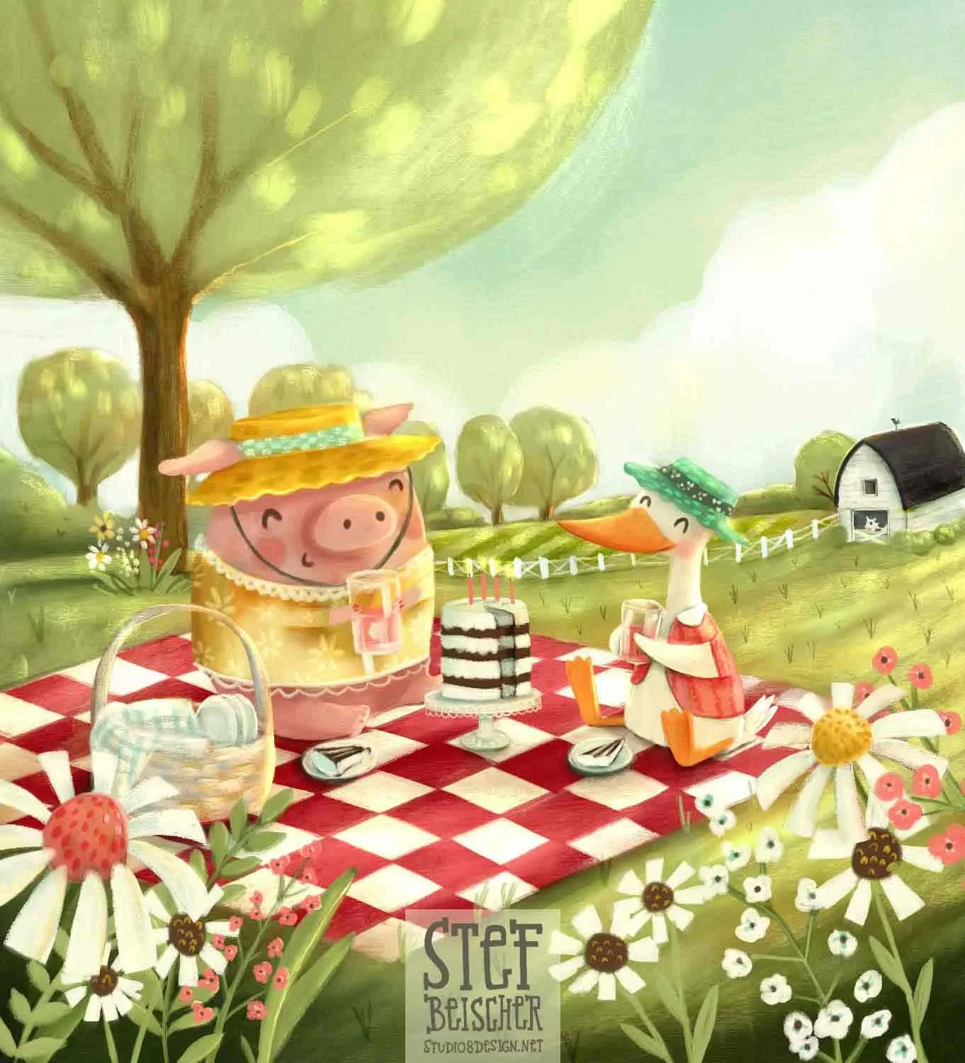 Whimsical illustration featuring farm animals (pig and duck) having a picnic on the farm by Stephanie Beischer