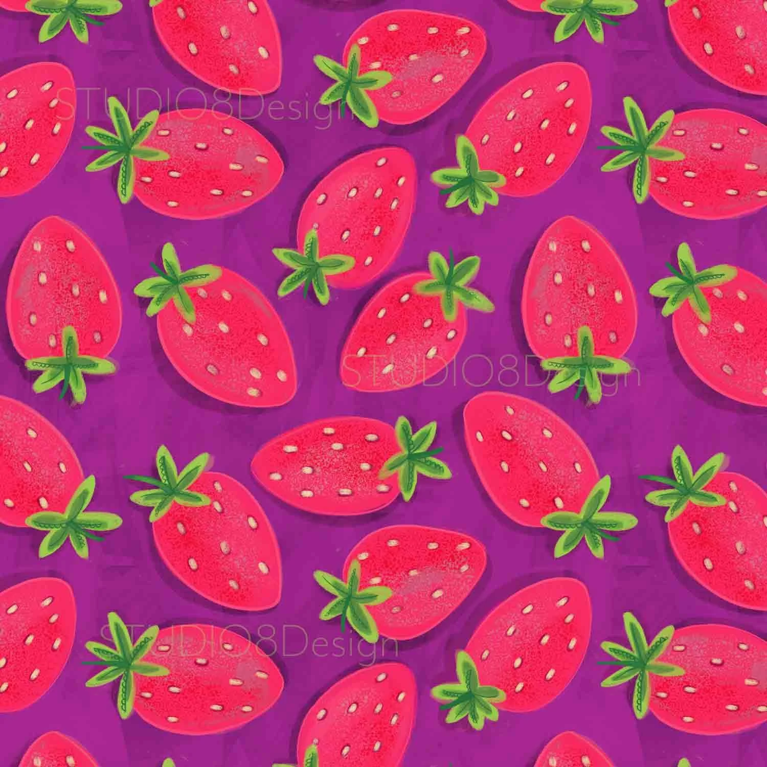 Fun bright strawberry surface design pattern on purple by Stephanie Beischer