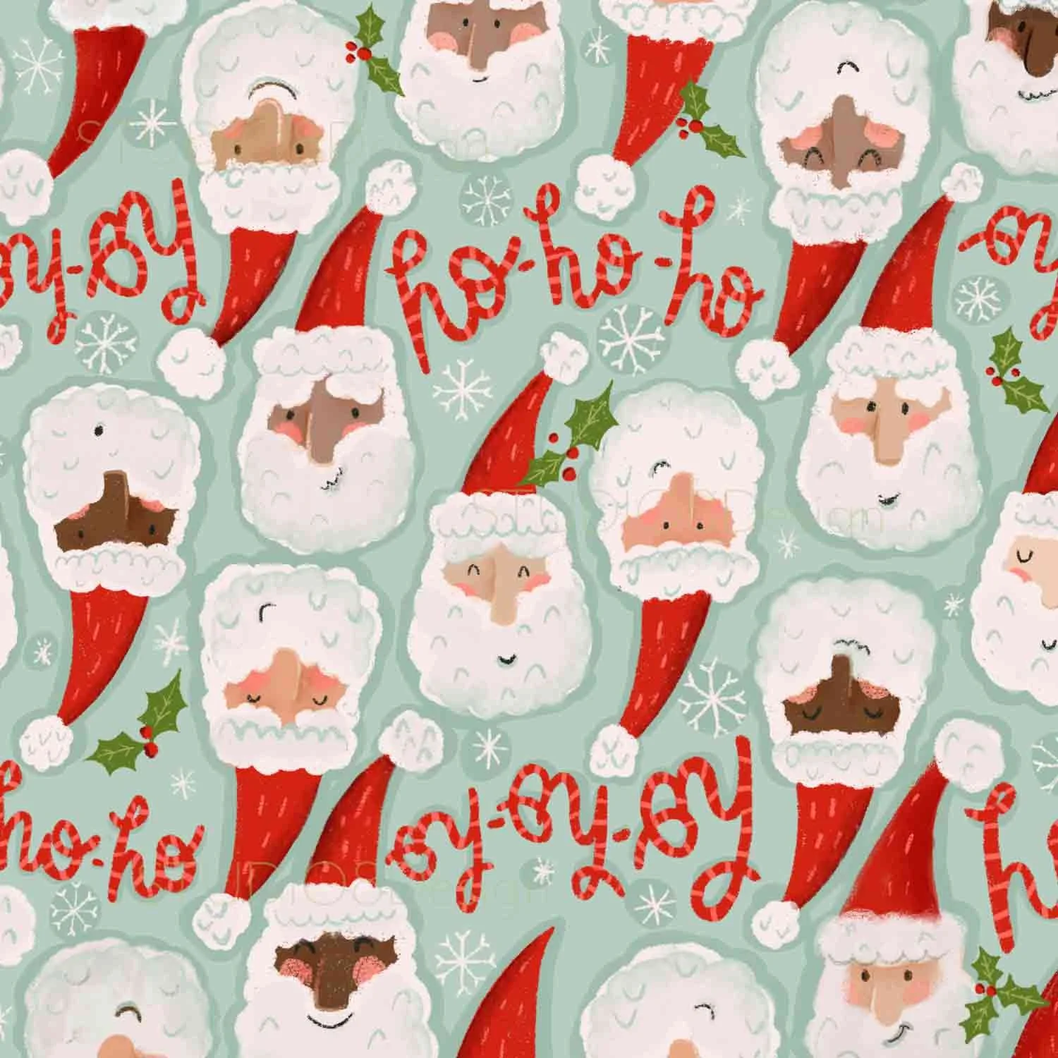 Diverse Santa faces, hand lettered ho-ho-ho and winter florals are featured in this Christmas surface pattern collection by Stephanie Beischer.
