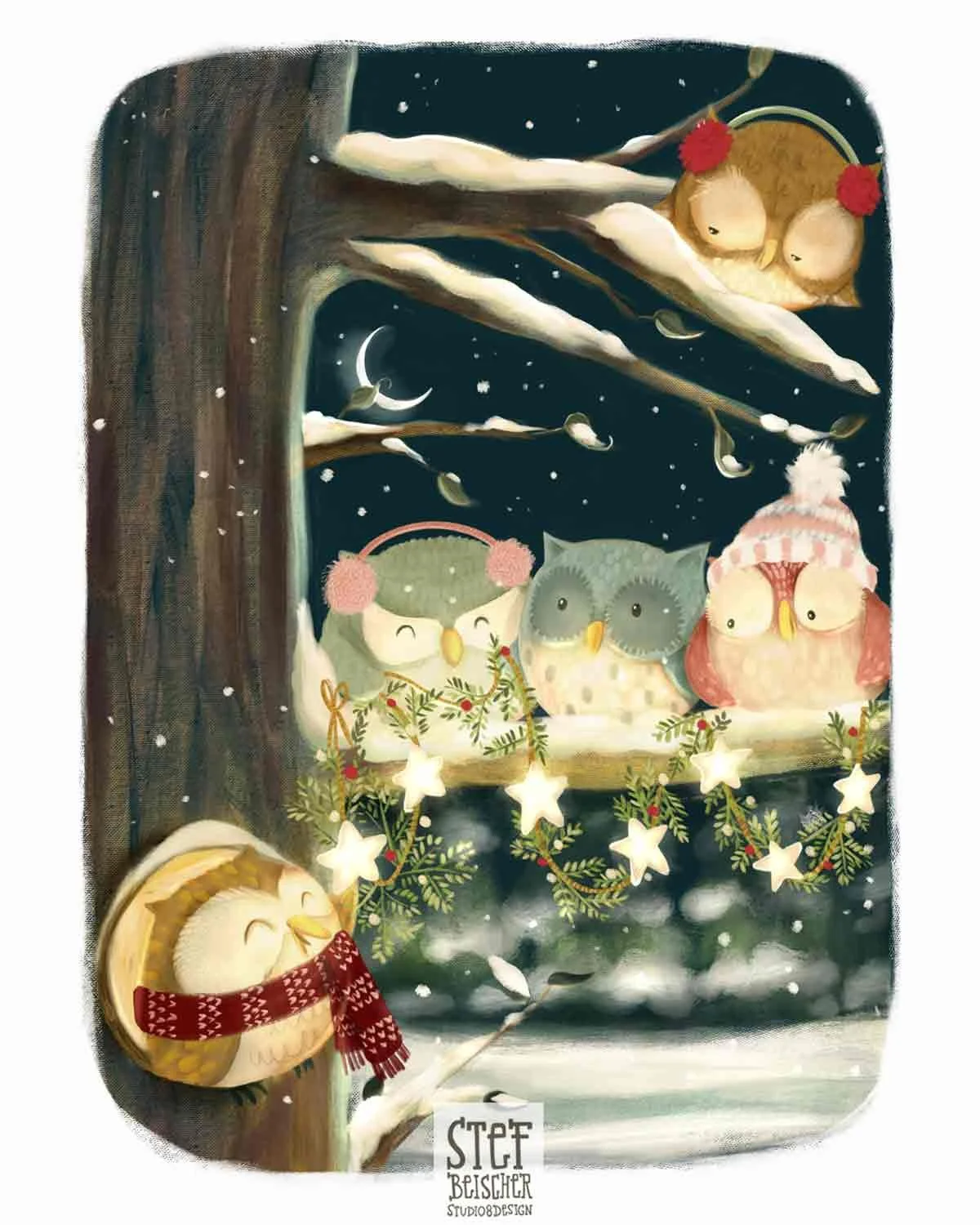 Cute owl illustration of these whimsical birds perched on a tree in a winter scene decorating with star lights by Stephanie Beischer