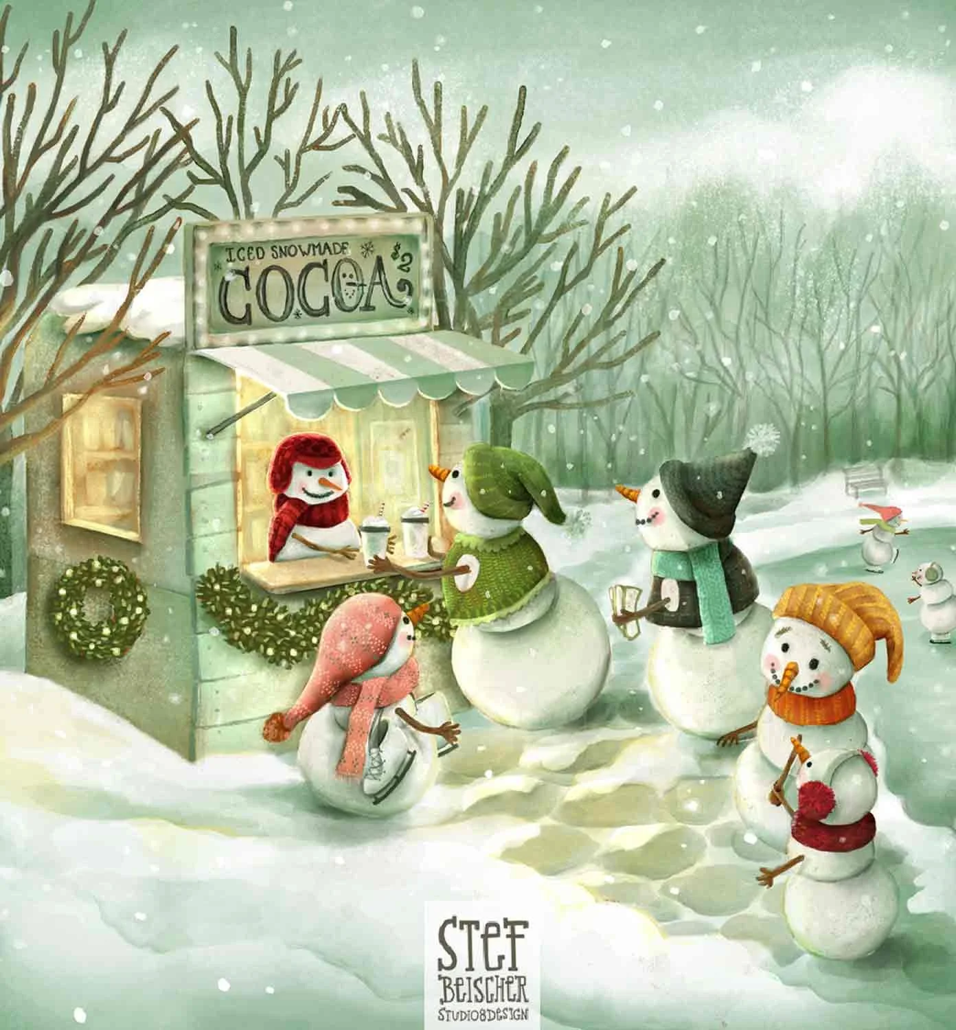Cute snowmen order cold cocoa from a glowing concession stand by a frosty winter pond while other snowmen ice skate by children's book illustrator Stephanie Beischer
