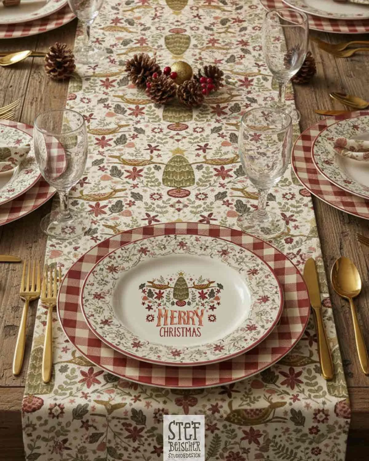 Scandinavian Christmas dinner place setting pattern design by Stephanie Beischer.