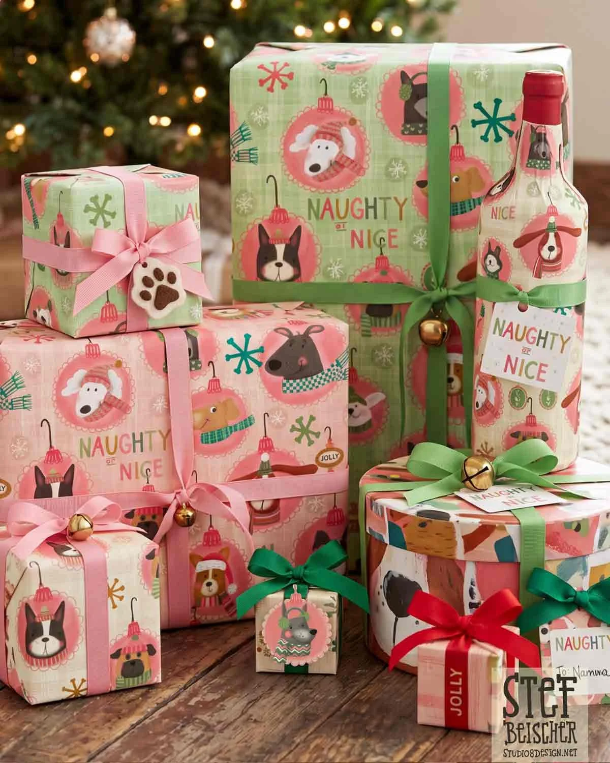 Whimsical gift wrap surface design in pinks, greens and red featuring cute dog faces and dog characters. By Stephanie Beischer