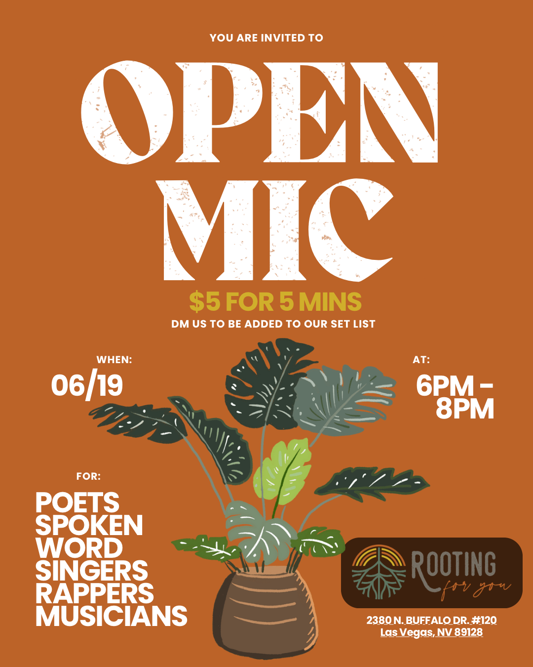 Event poster with a brown background promoting a spoken word event. Features a potted plant illustration and text details about the event, including date, time, location, and ticket price.