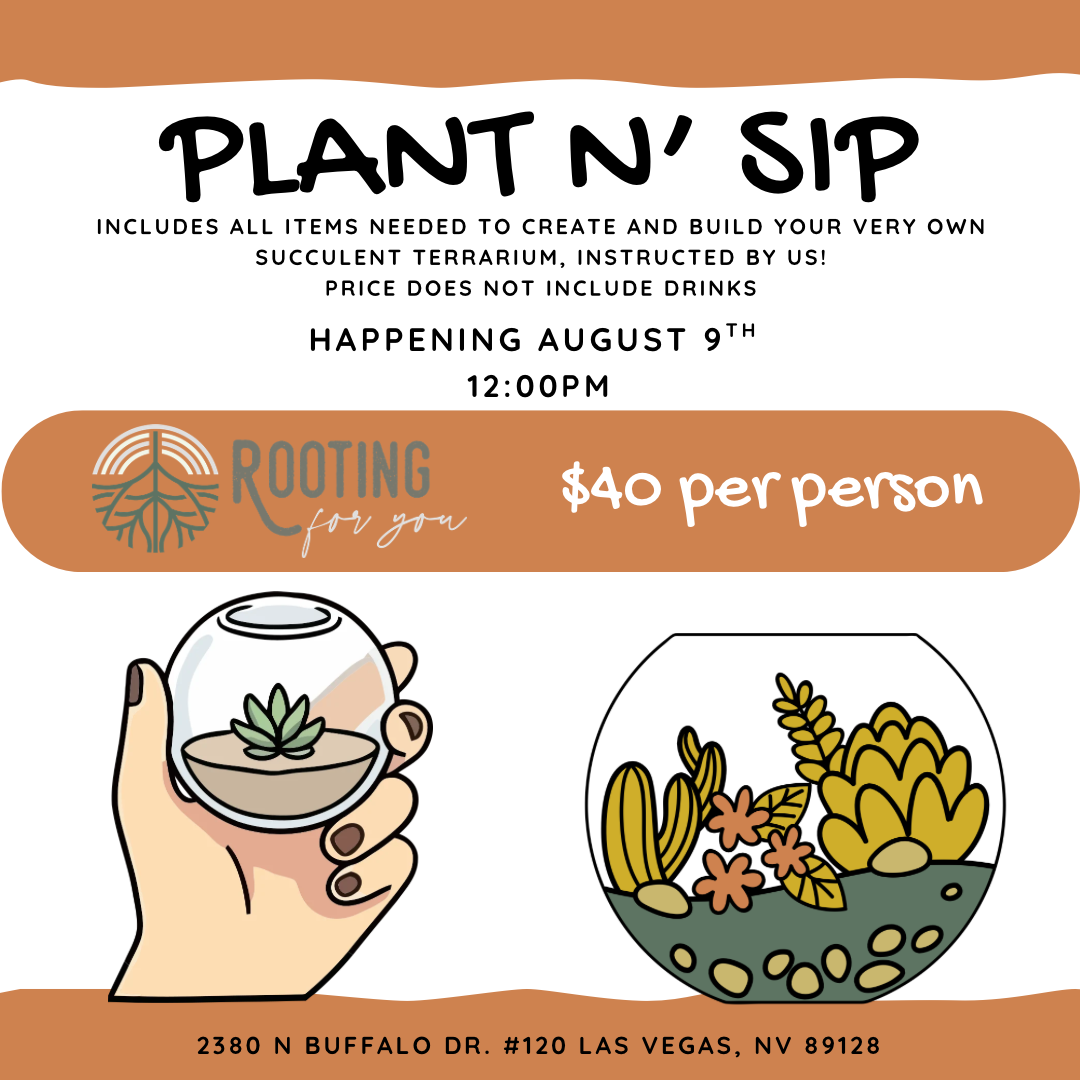 Flyer for a terrarium building event called 'Plant N' Sip,' scheduled for May 29th at 6:00 PM at 2380 N Buffalo Dr. #120 Las Vegas, NV, with a cost of $40 per person. The flyer features illustrations of a hand holding a small glass terrarium with a succulent inside and a larger terrarium with plants and decorative stones. The event includes all necessary items to build a terrarium, with drinks not included.
