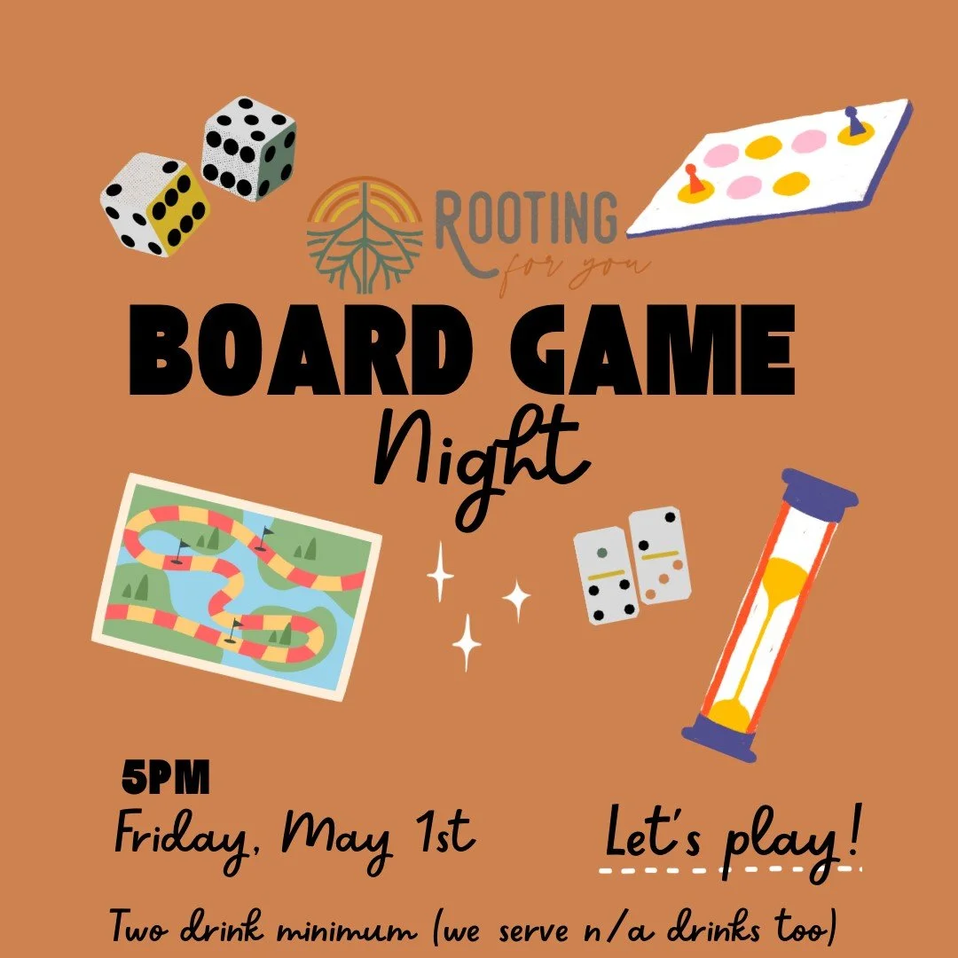 Invitation poster for a board game night with images of dice, a game board, game pieces, and hourglass, event details including date, time, and drinks policy.