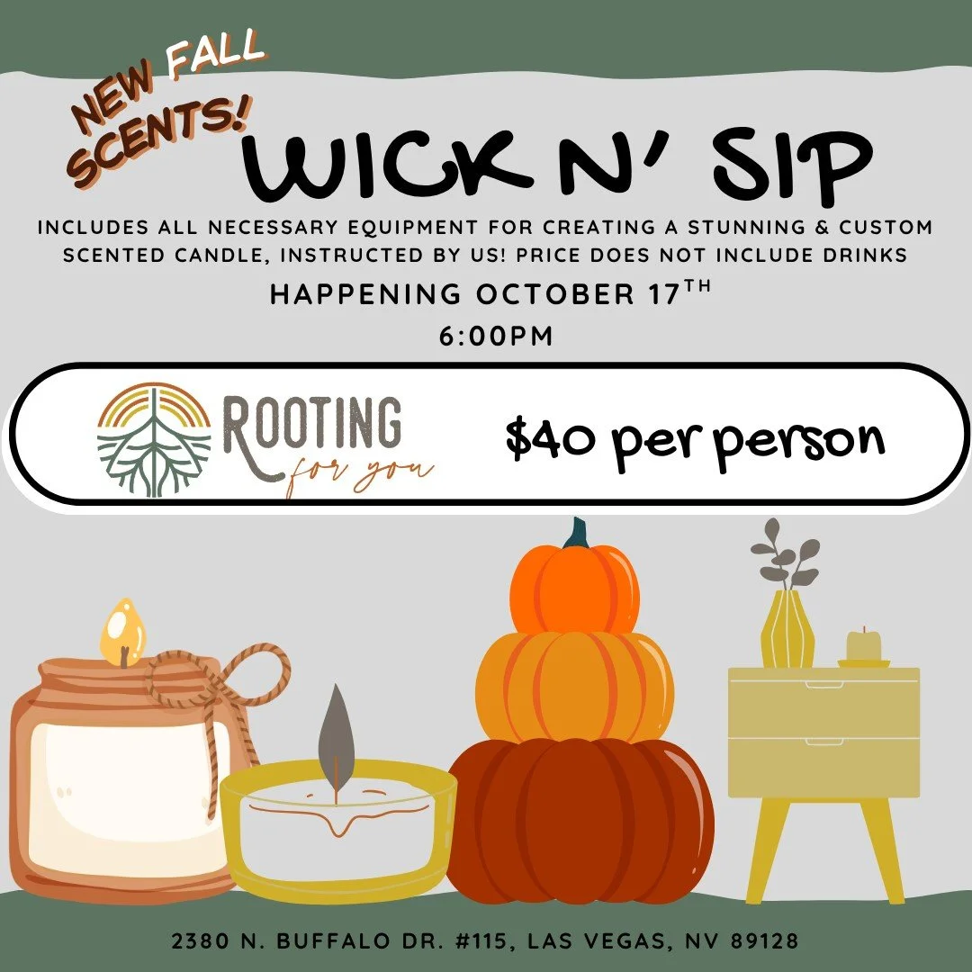 Event flyer for Wick 'N Sip, a candle-making workshop with community games, on May 10th at 11:30 AM at 2380 N. Buffalo Dr., Las Vegas, NV. Cost is $40 per person. Features illustrations of candles, a lit candle, a matchstick with flame, a potted plant, and a small table.