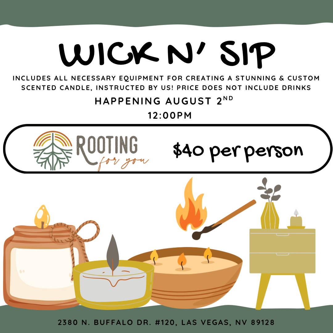 Event flyer for Wick 'N Sip, a candle-making workshop with community games, on May 10th at 11:30 AM at 2380 N. Buffalo Dr., Las Vegas, NV. Cost is $40 per person. Features illustrations of candles, a lit candle, a matchstick with flame, a potted plant, and a small table.