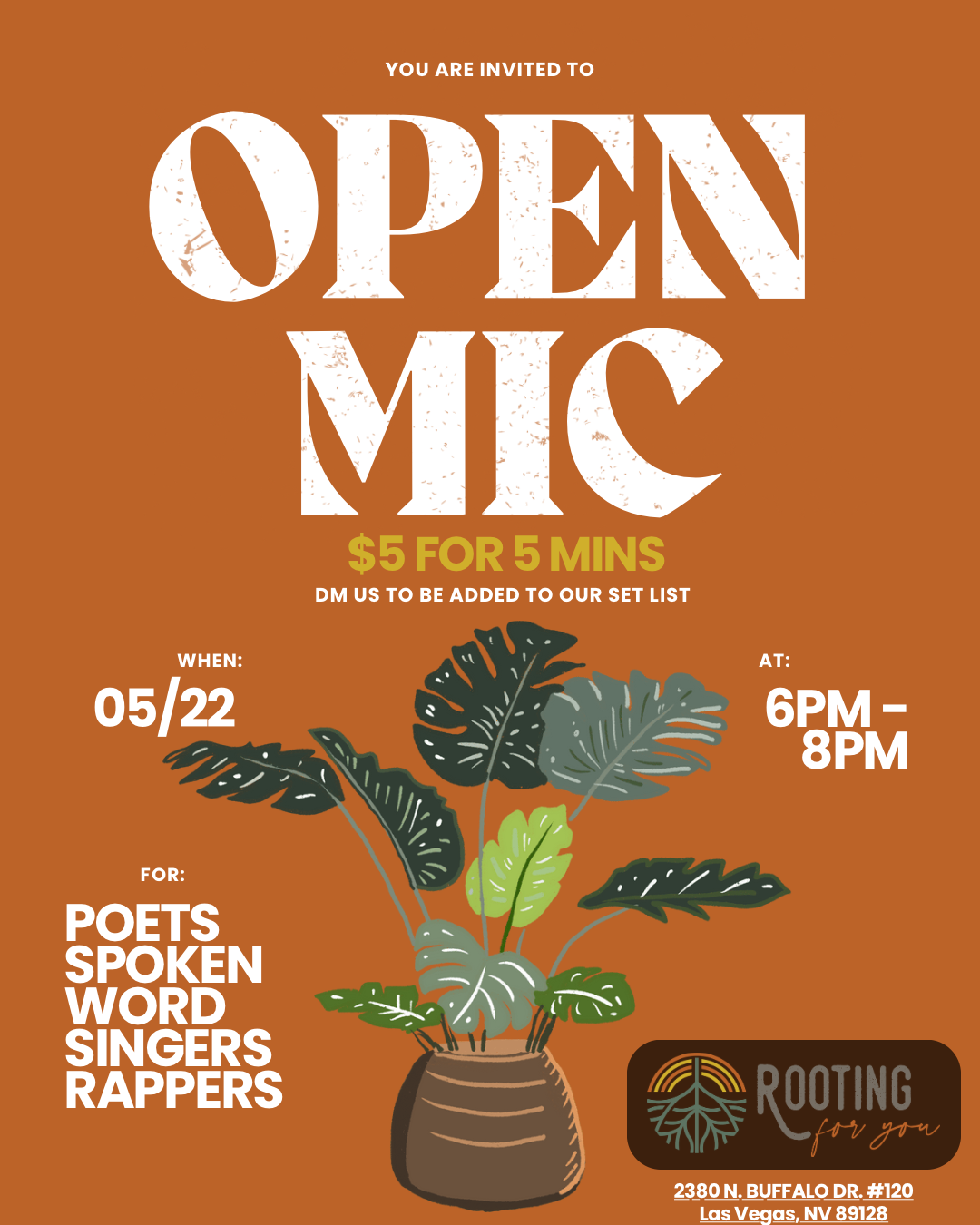 Event poster with a brown background promoting a spoken word event. Features a potted plant illustration and text details about the event, including date, time, location, and ticket price.