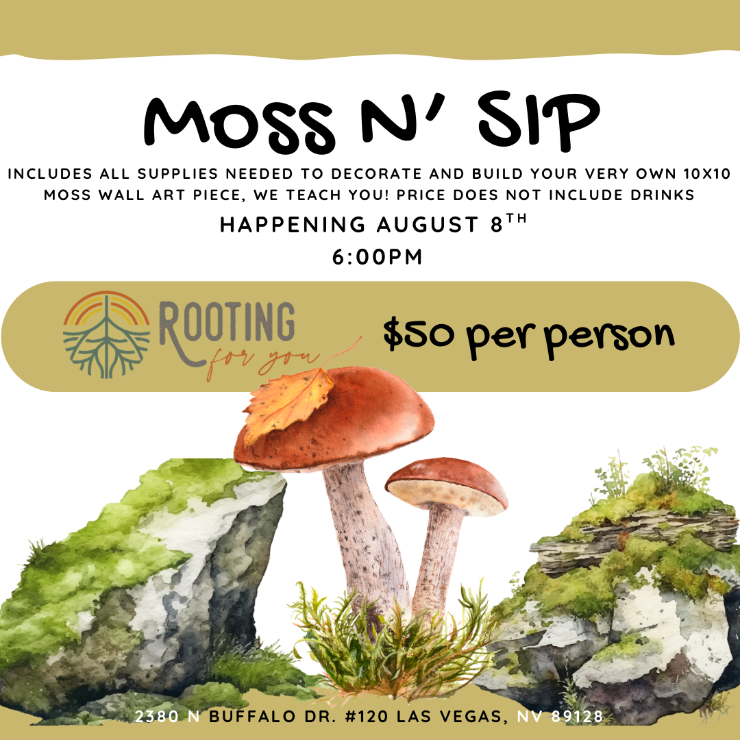 Flyer for a moss wall art workshop titled 'Moss N' Sip' with details about the event happening on May 16 at 3:00 PM, costing $50 per person, including supplies for a 10x10 moss wall art piece, but drinks not included, and located at 2380 N Buffalo Dr #120, Las Vegas, NV 89128. The flyer features an illustration of moss-covered rocks, two mushrooms, and a leaf, with a green and beige color scheme.