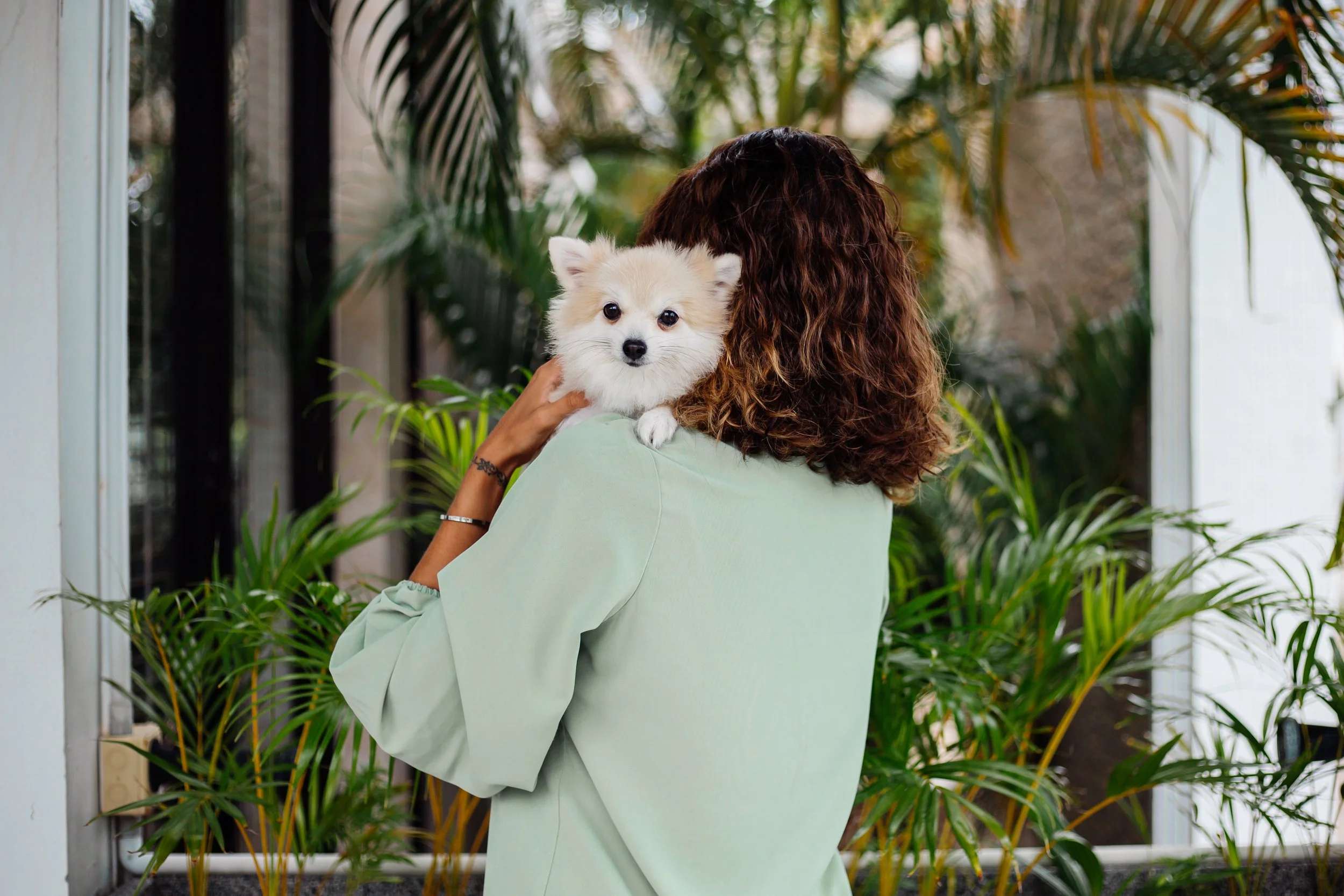 Woman in a mint-green shirt holding a small fluffy white dog over her shoulder among potted indoor plants.