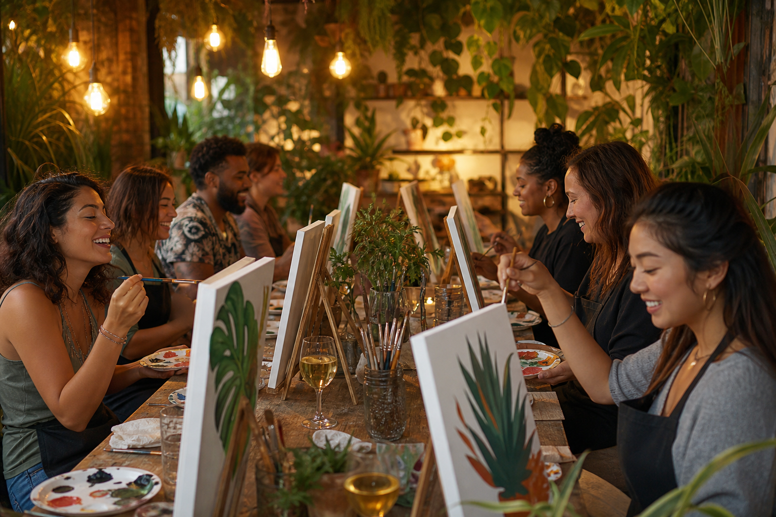 A diverse group of friends laughing and creating together at a long wooden table inside a lush, plant-filled workshop in Las Vegas