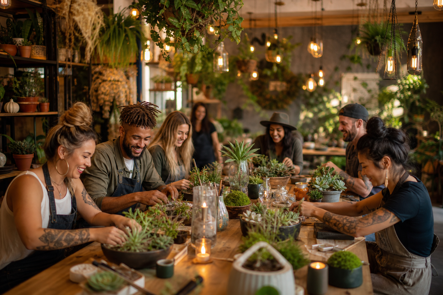 A joyful group of adults painting botanical designs on canvases at a long table inside a plant-filled workshop